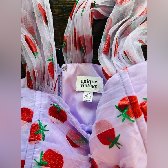 UNIQUE VINTAGE LAVENDER & RED GLITTER STRAWBERRY PRINT BABYDOLL DRESS size large - Picture 5 of 7